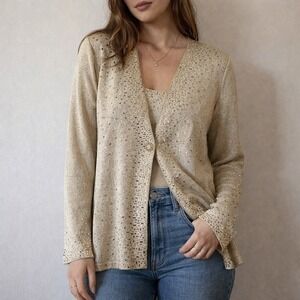 Lillie Rubin Cream Gold Beaded Cardigan Sweater Large Evening Glam Old Money